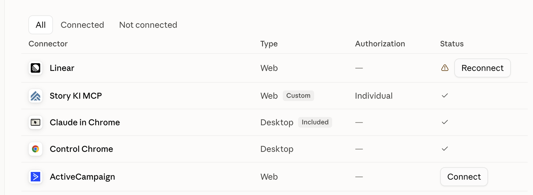 The Connectors list in Claude settings, with Story KI MCP connected as a custom web connector